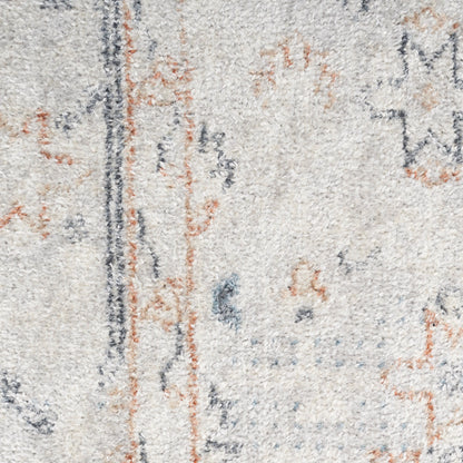 Beige plush rug close-up with blue and orange abstract motifs and a dark vertical line.