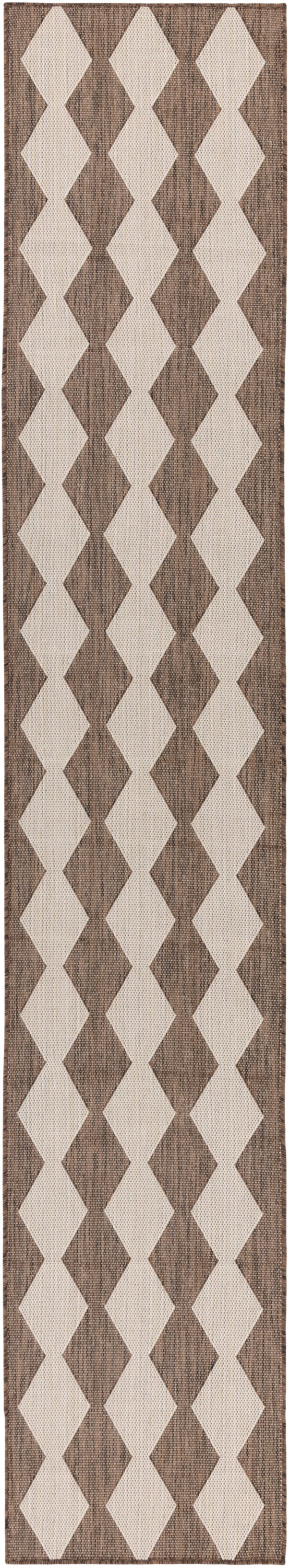 Narrow woven rug runner with cream and brown diamonds forming a geometric lattice; textured earthy tones.