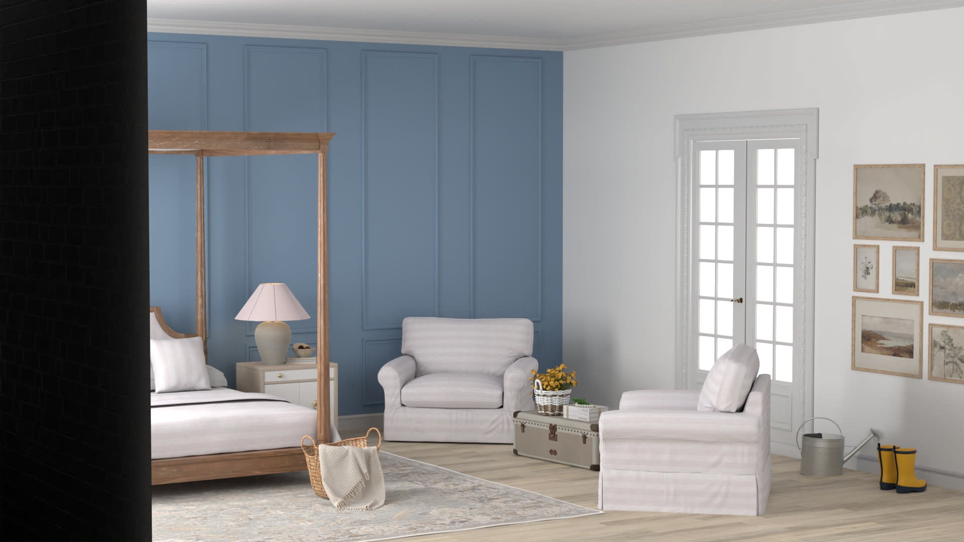 8' x 10' rug in a bedroom scene with a wooden canopy bed, white bedding, a sofa, an armchair, a lamp & a plant.