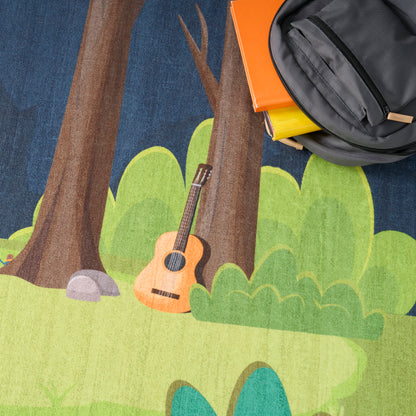 Cartoon forest rug with brown trees, green bushes, and an orange acoustic guitar; gray backpack and books nearby.