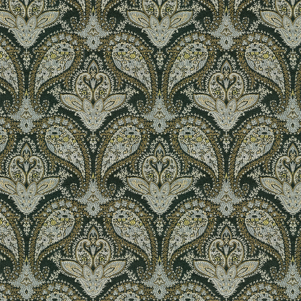 Central olive-green panel framed by a damask-pattern border, a fabric swatch.