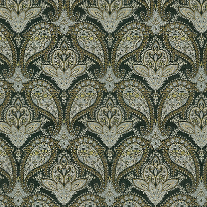 Central olive-green panel framed by a damask-pattern border, a fabric swatch.