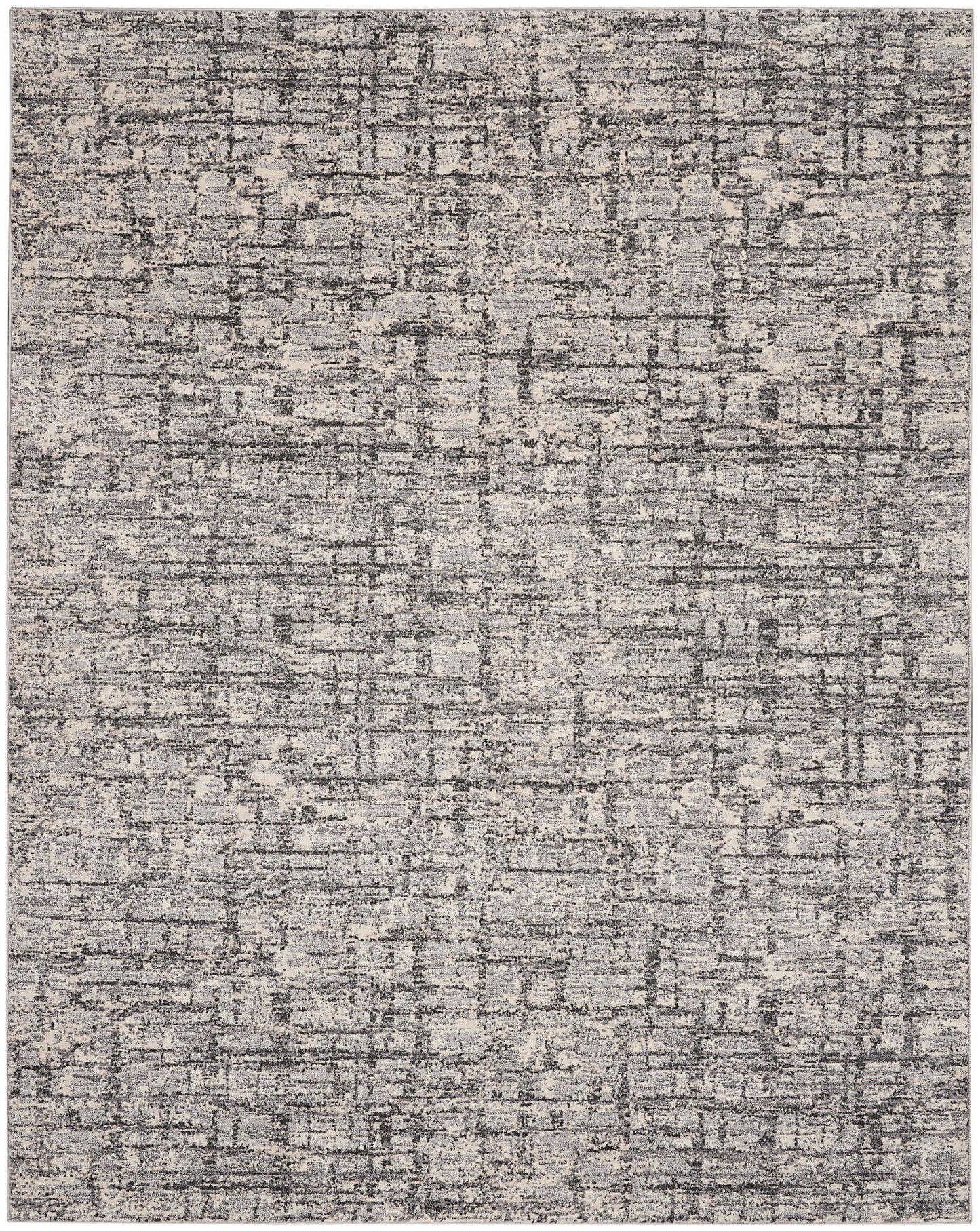 Neutral grey and taupe abstract patterned area rug with a distressed, layered texture.