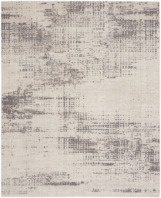Rectangular abstract beige-gray area rug with distressed pattern; neutral, modern decor for living rooms.