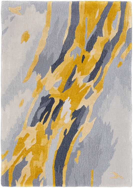 Rectangular plush area rug with abstract mustard yellow and navy brushstrokes on a cool gray-blue background; modern decor.