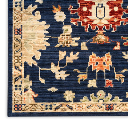 Traditional oriental runner rug corner with navy field, ivory and red floral motifs, and decorative border.