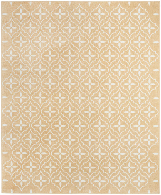 Beige rectangular area rug with white Moroccan trellis pattern for stylish floor decor.
