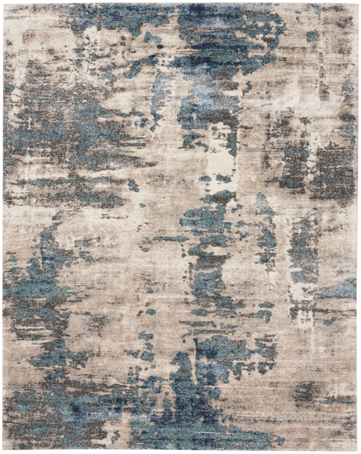 Rectangular distressed abstract rug in beige with blue-gray patches; vintage-look area rug for living room or bedroom.