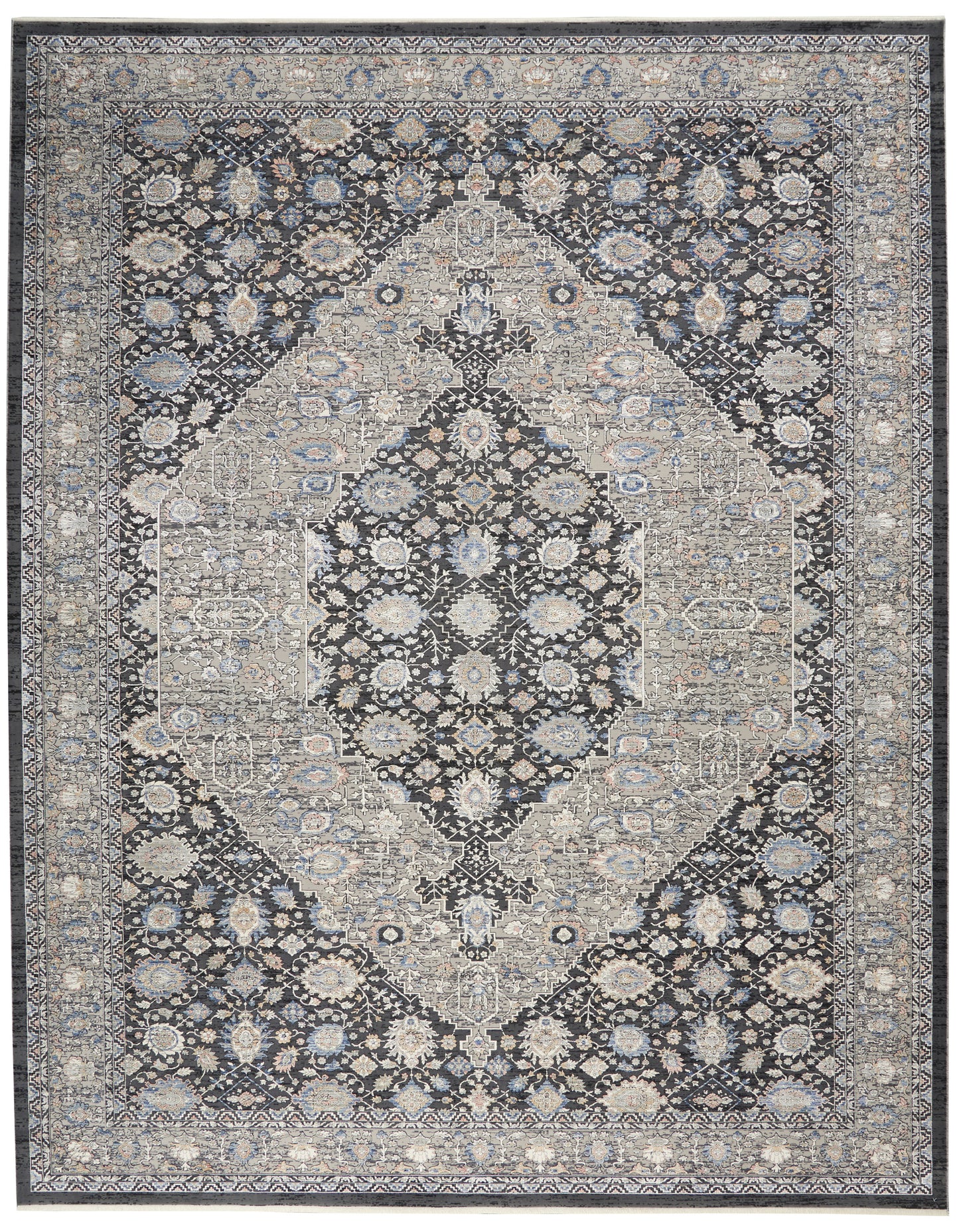 Persian-inspired oriental rug with a navy field, ivory and light blue floral medallion center, framed by intricate borders.