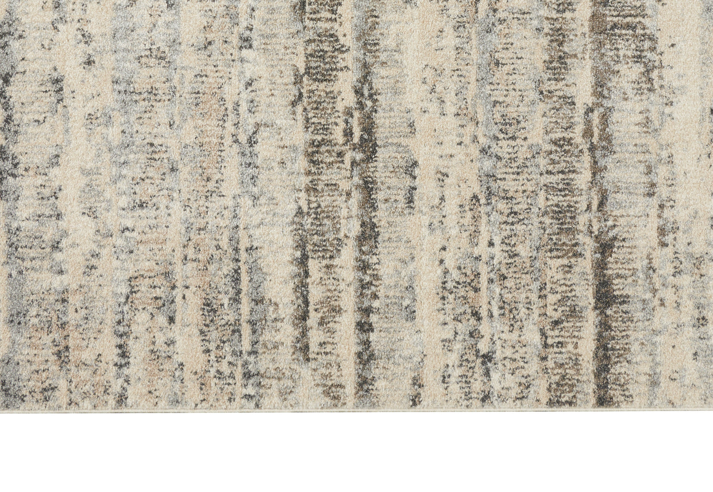 Beige and gray abstract area rug with vertical charcoal streaks and a soft, distressed finish.
