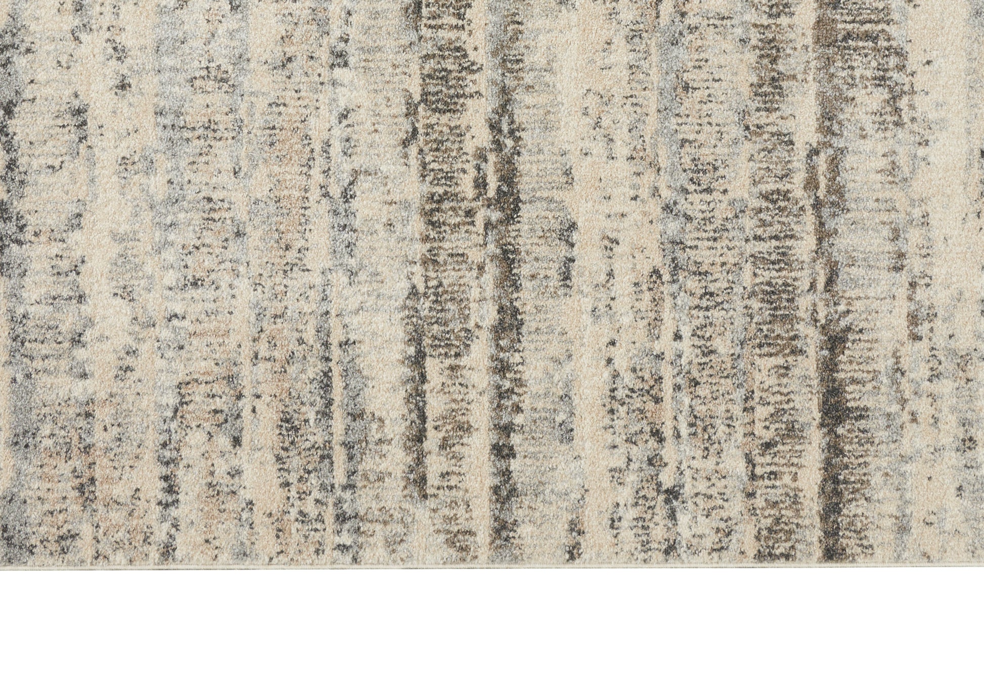 Beige and gray abstract area rug with vertical charcoal streaks and a soft, distressed finish.