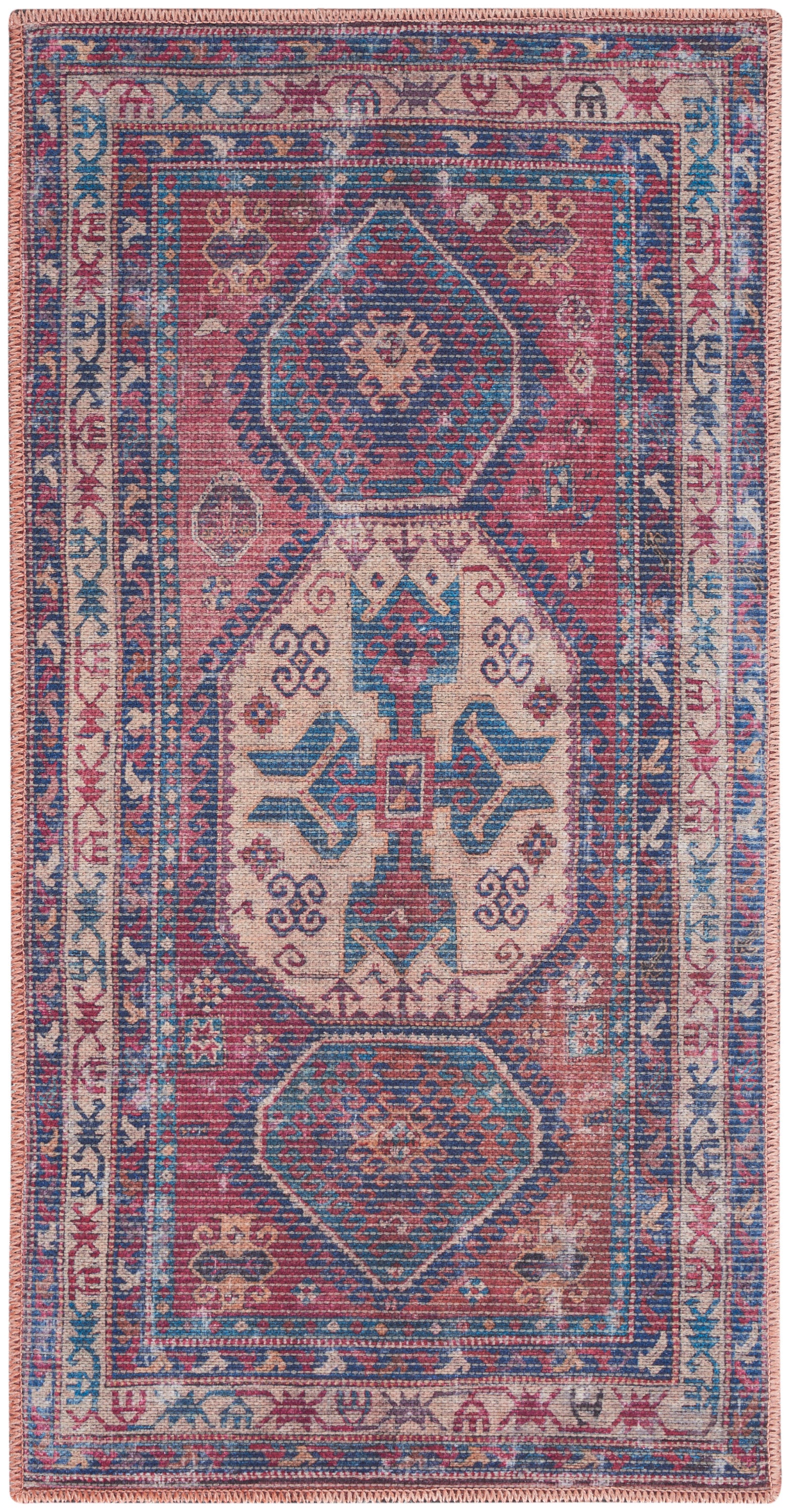 Rectangular Persian-style rug in pink, blue and cream with geometric medallions and floral borders.