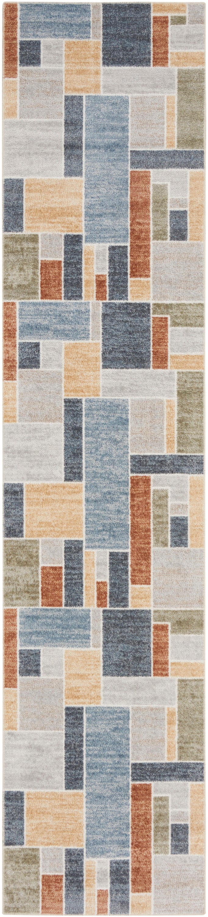 Tall collage of newspaper-style rectangular blocks in blue, orange & beige tones arranged in a quilt-like pattern.