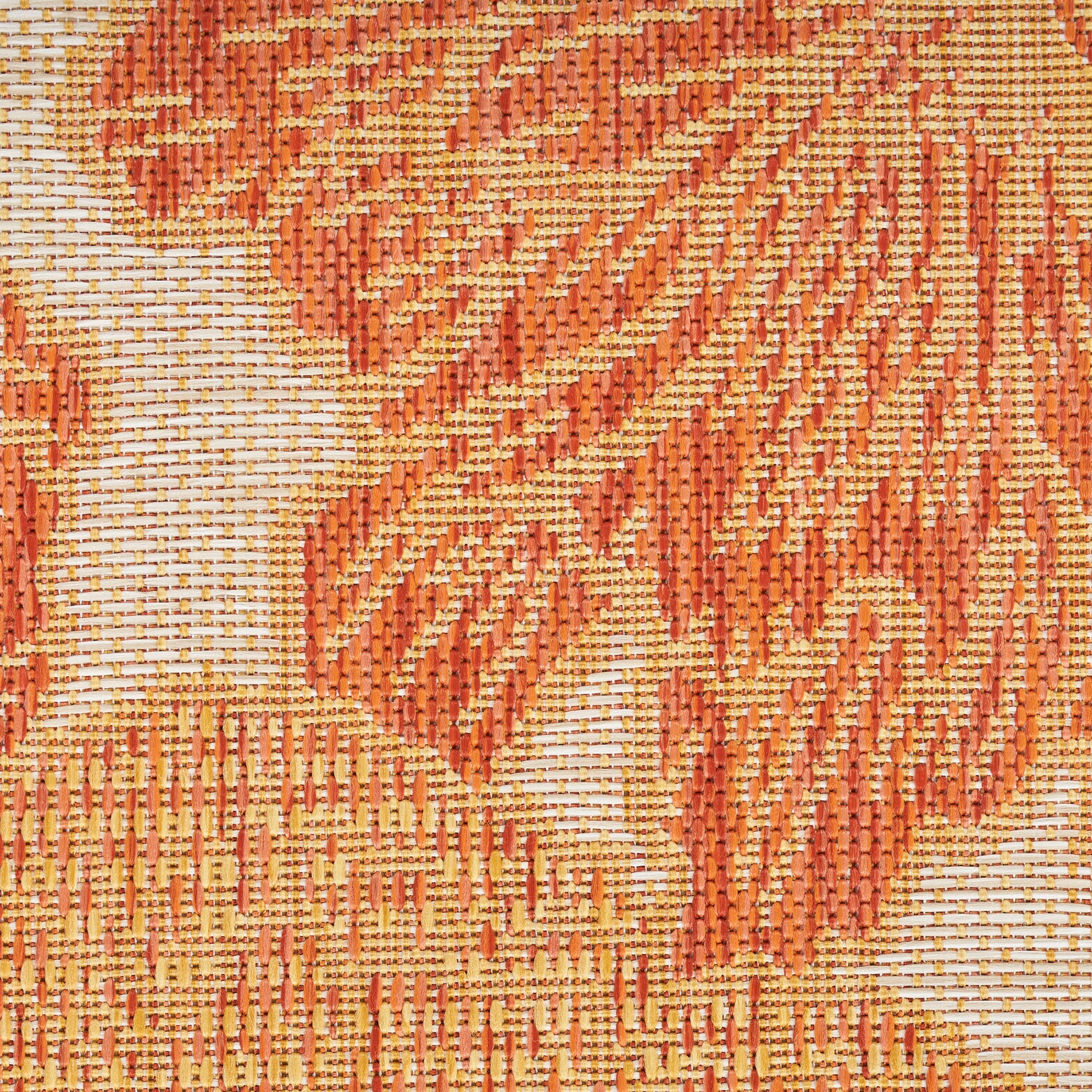 Orange & cream damask jacquard rug with ornate floral pattern, woven texture.