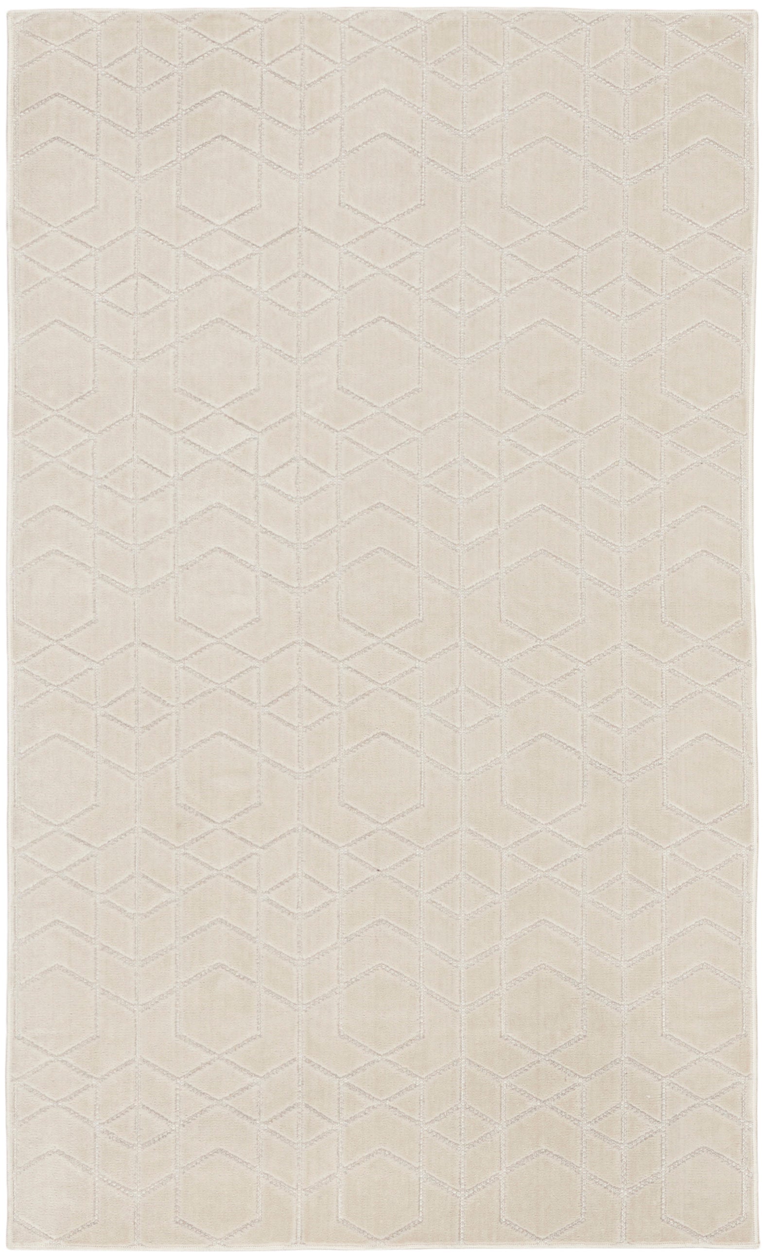 Cream area rug with a subtle geometric hexagon pattern and soft, textured surface; neutral, versatile home decor.