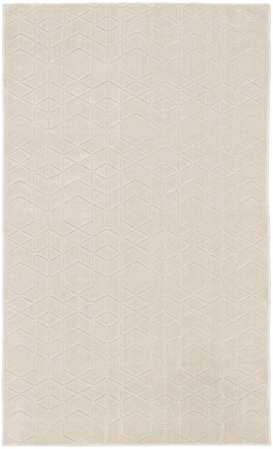 Cream area rug with a subtle geometric hexagon pattern and soft, textured surface; neutral, versatile home decor.