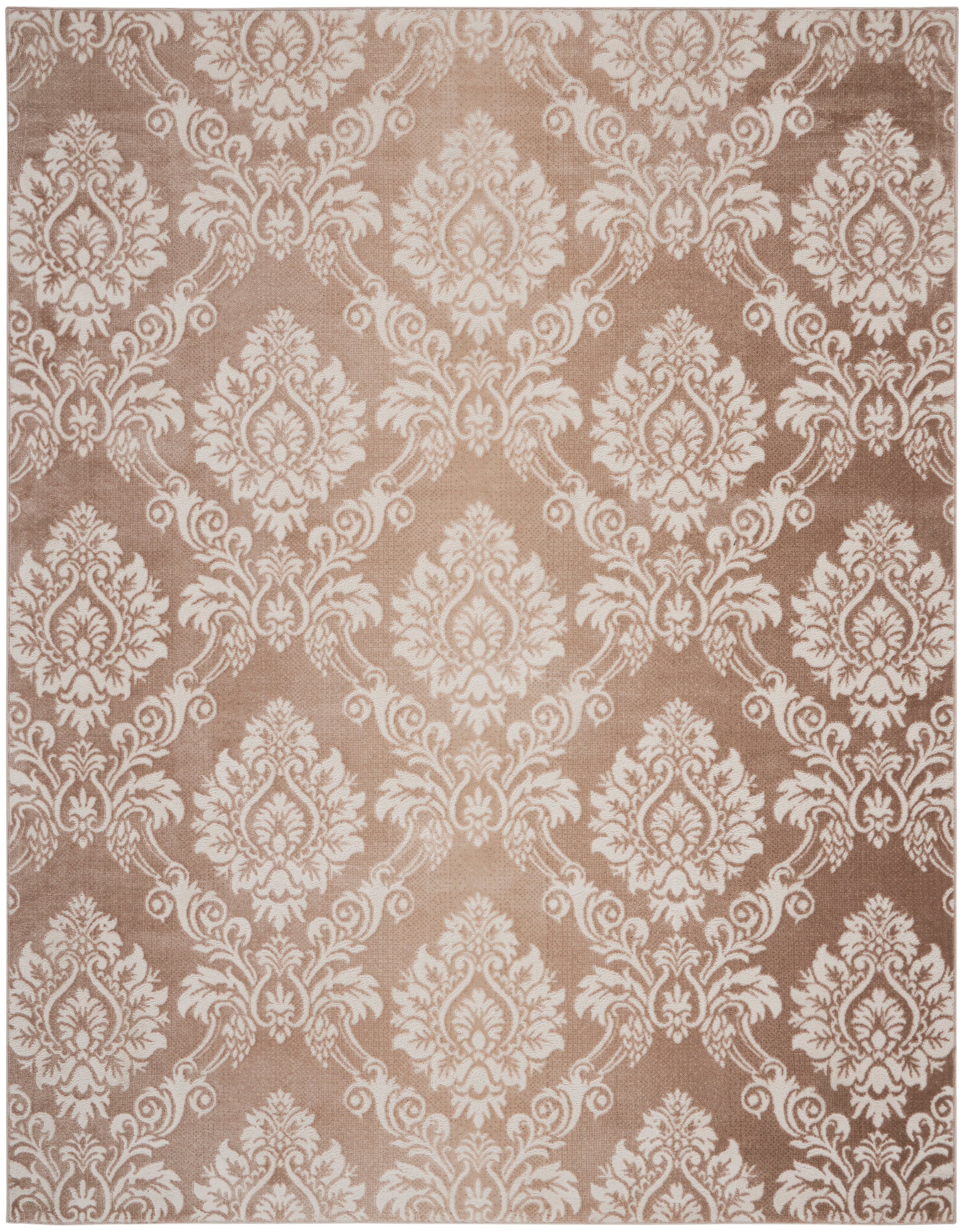 Brown area rug with cream damask pattern and ornate floral motifs; classic, elegant textile decor.