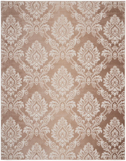 Brown area rug with cream damask pattern and ornate floral motifs; classic, elegant textile decor.