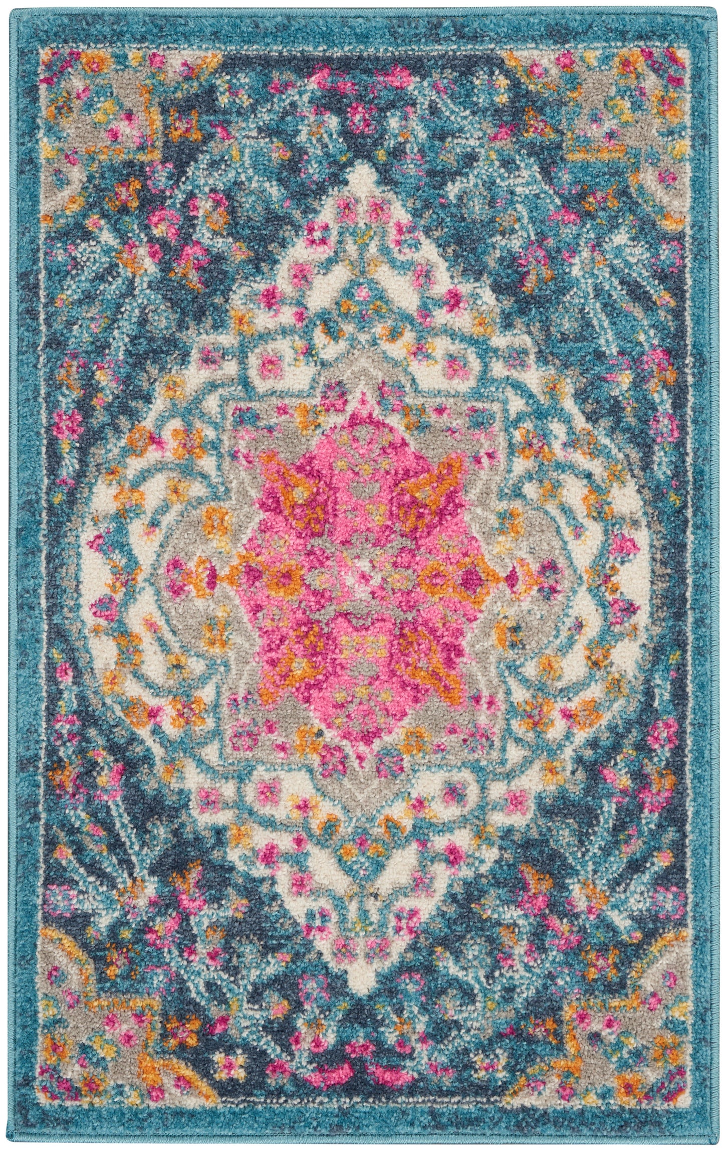 Oriental-style area rug with teal border and ivory-pink center, vibrant teal, pink, yellow floral motifs.