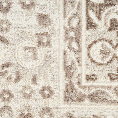 Beige and taupe ornate rug close-up with floral motifs and bordered edge.