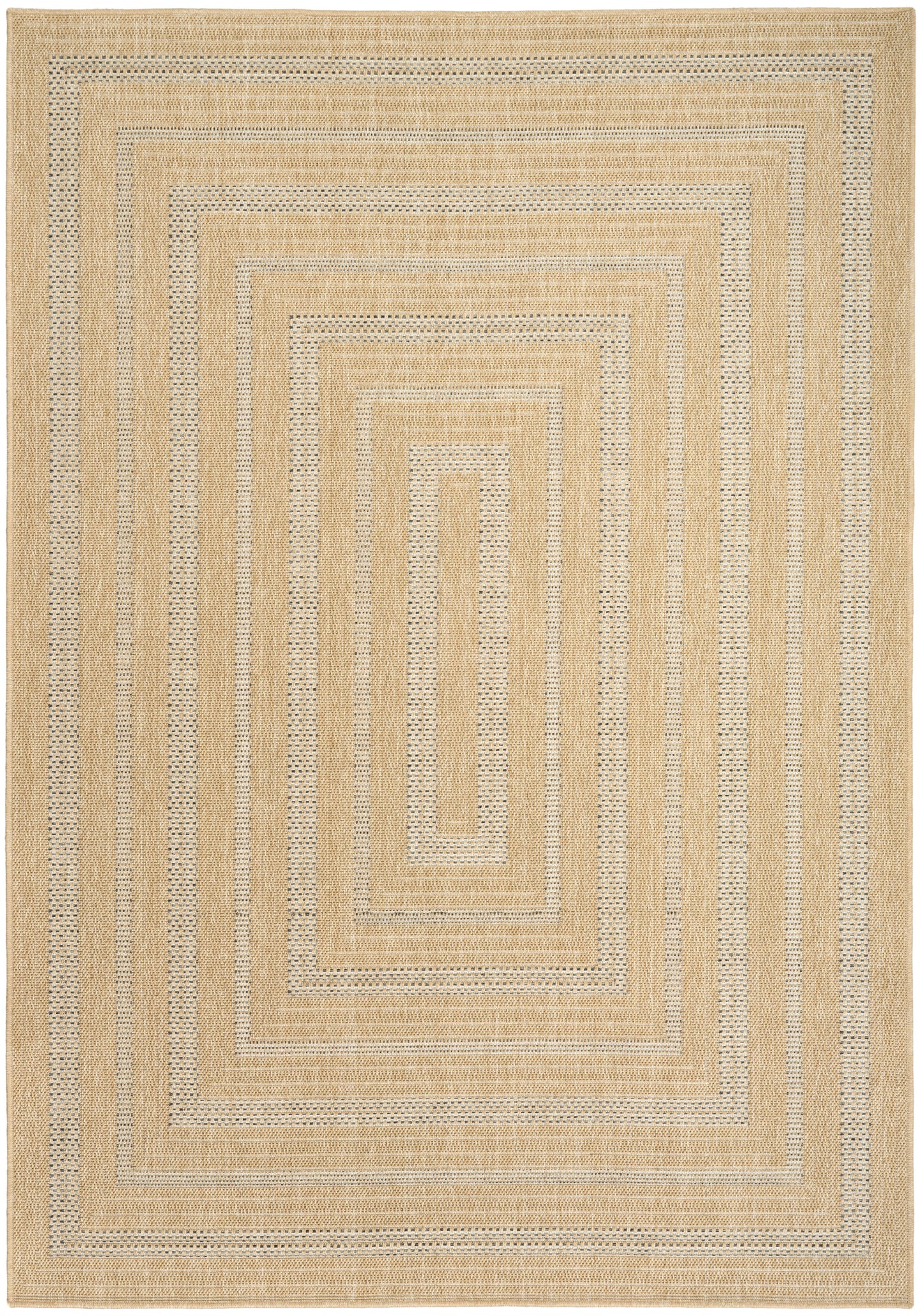 Beige natural fiber rug with woven concentric rectangular borders in tan and ivory.