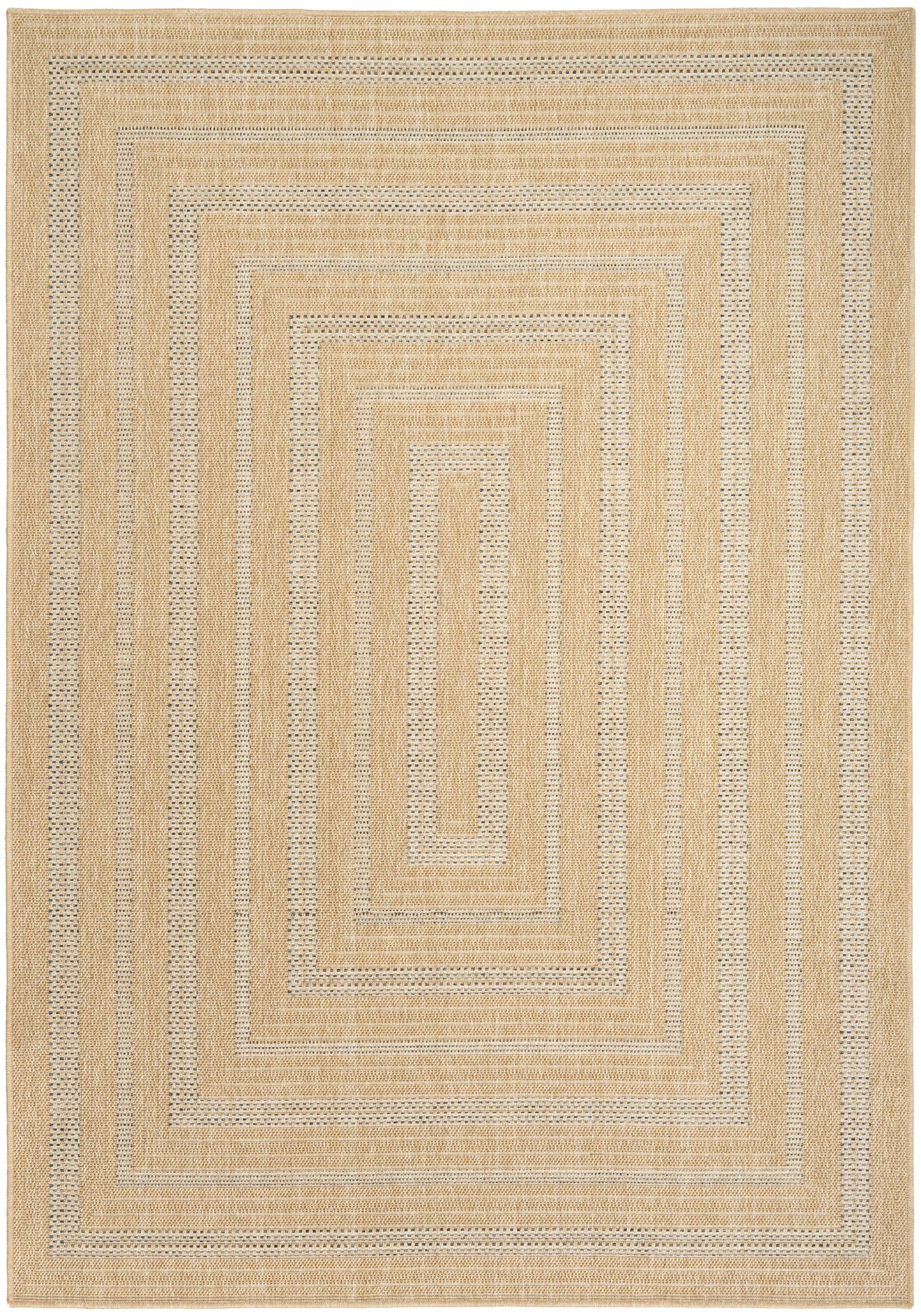 Natural jute rug with cream and tan concentric rectangular bands in a geometric woven pattern.