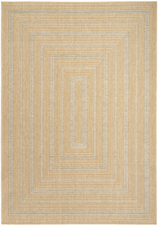 Natural jute rug with cream and tan concentric rectangular bands in a geometric woven pattern.