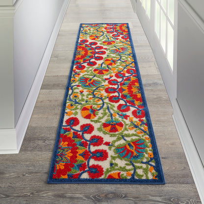 Colorful floral hallway runner with blue border; cream background and red, orange, green, blue vines.
