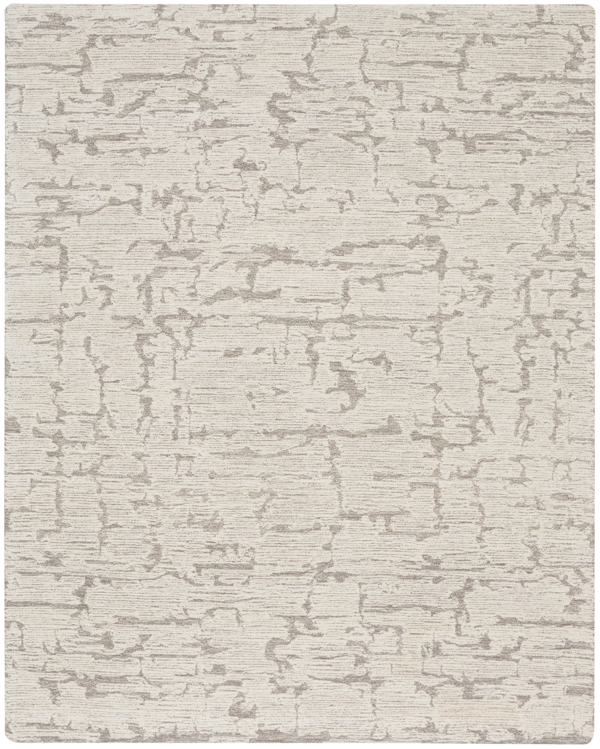Beige rectangular area rug with gray crackle abstract pattern; plush, contemporary floor covering for living spaces.