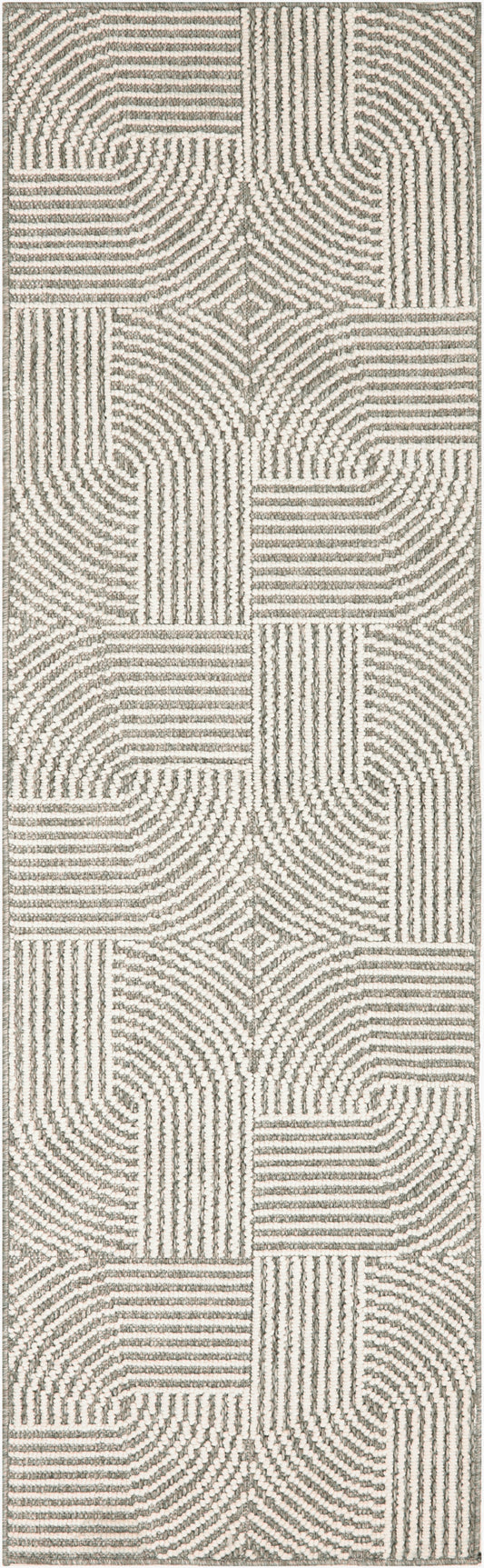 Beige and gray geometric runner rug with textured loop weave and interlocking square and diamond maze pattern.