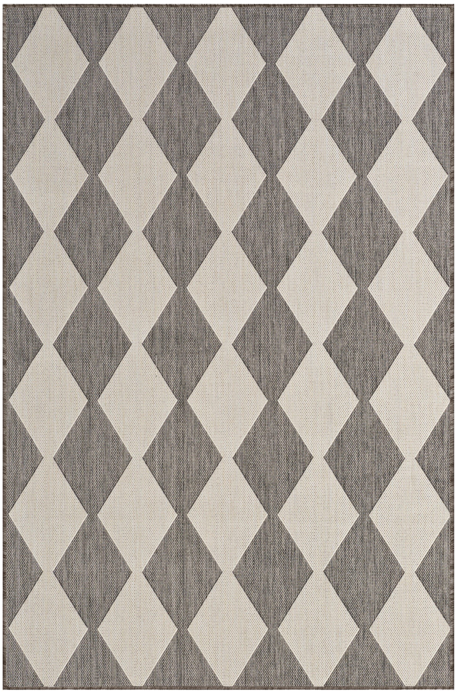Rectangular area rug with repeating beige and dark gray diamonds on a textured gray background, 4' x 6'.