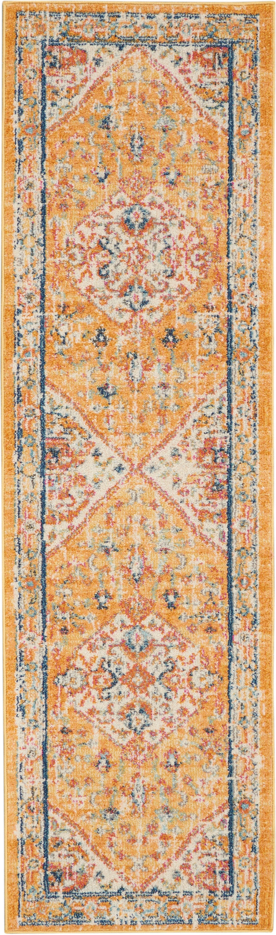 Orange-gold oriental runner rug with blue border, ivory central medallion and floral motifs; long hallway decor.
