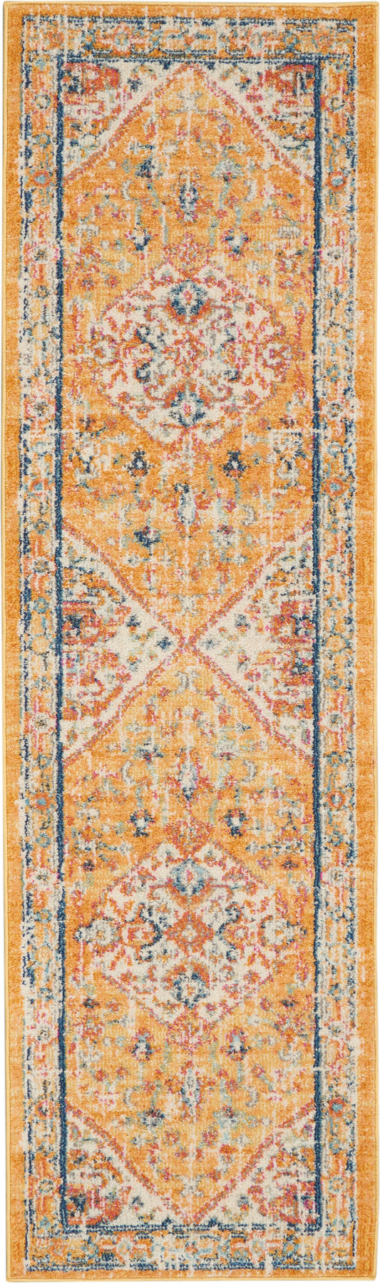 Orange-gold oriental runner rug with blue border, ivory central medallion and floral motifs; long hallway decor.