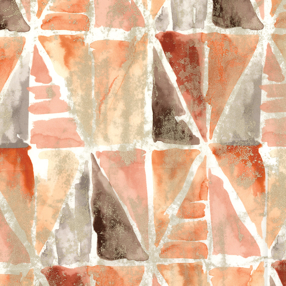 Fabric with watercolor geometric tile-style print in peach, coral, taupe, and gray triangles.