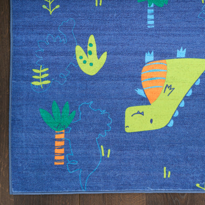 Blue rug with neon lime-green tropical plants and a yellow-green cartoon dragon with orange accents.