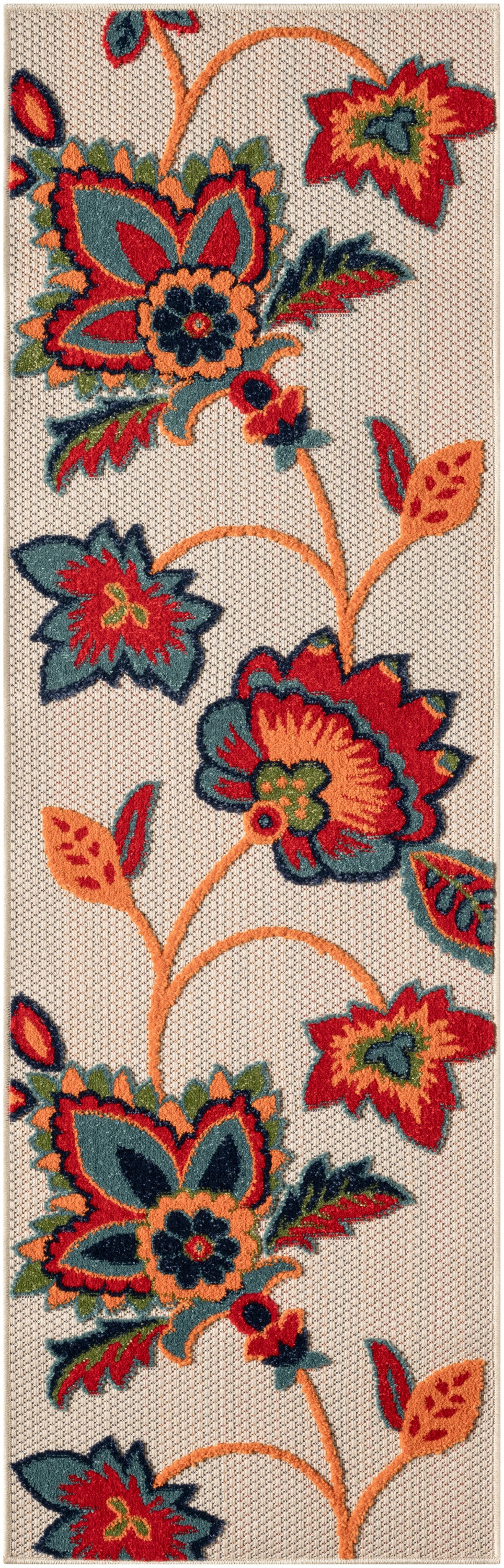 Long floral runner rug with bold red, orange and teal blossoms on beige; tufted woven texture, hallway or entryway use.