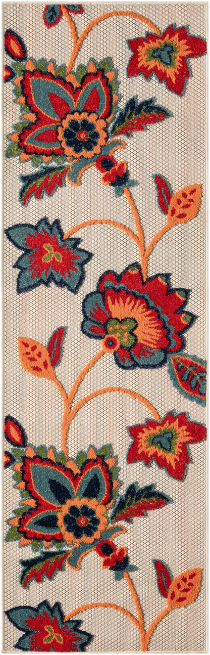Long floral runner rug with bold red, orange and teal blossoms on beige; tufted woven texture, hallway or entryway use.