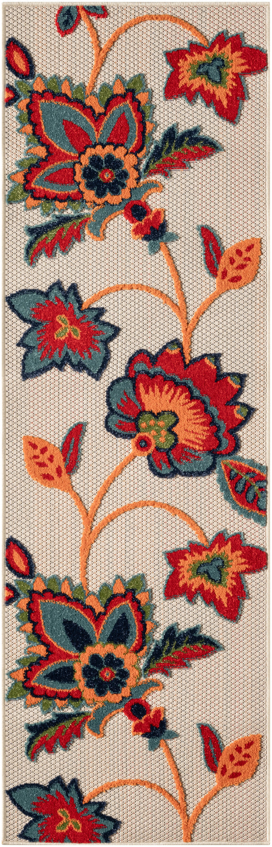 Long floral runner rug with bold red, orange and teal blossoms on beige; tufted woven texture, hallway or entryway use.