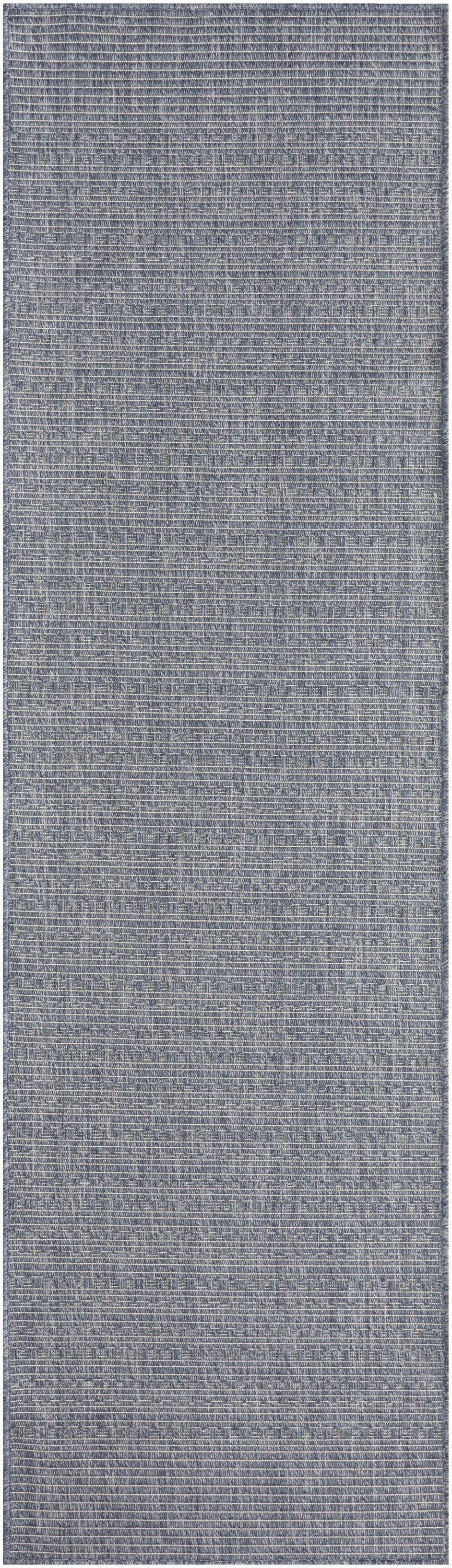 Blue-gray outdoor woven 8' runner rug with subtle horizontal texture; flat-weave.