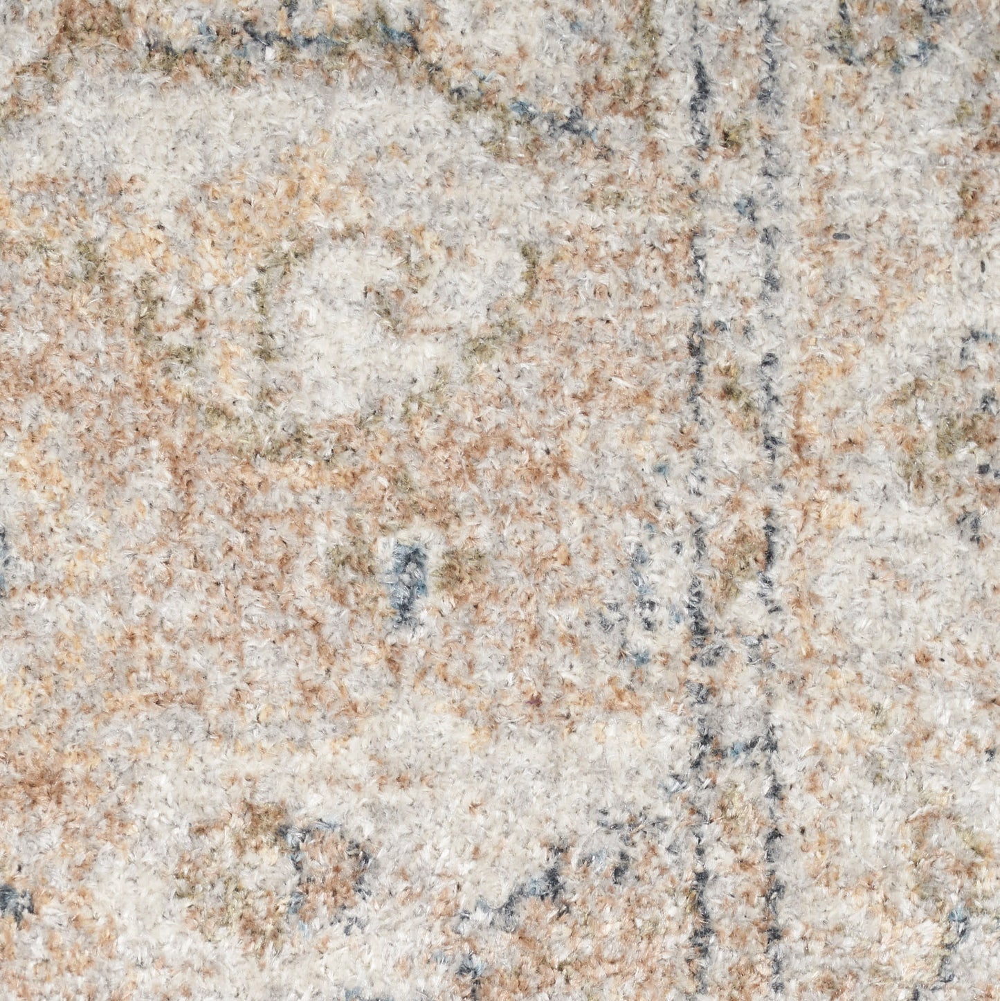 Close-up of a beige and cream textured rug with brown and blue-gray threads.