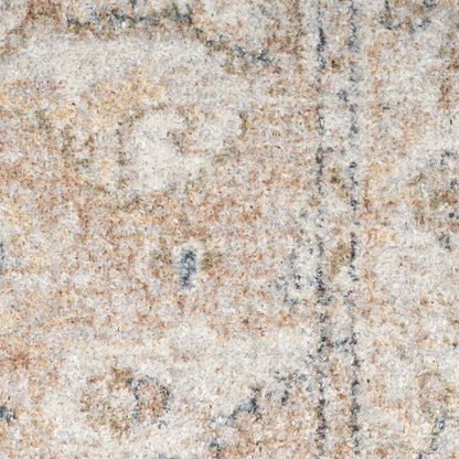 Close-up of a beige and cream textured rug with brown and blue-gray threads.