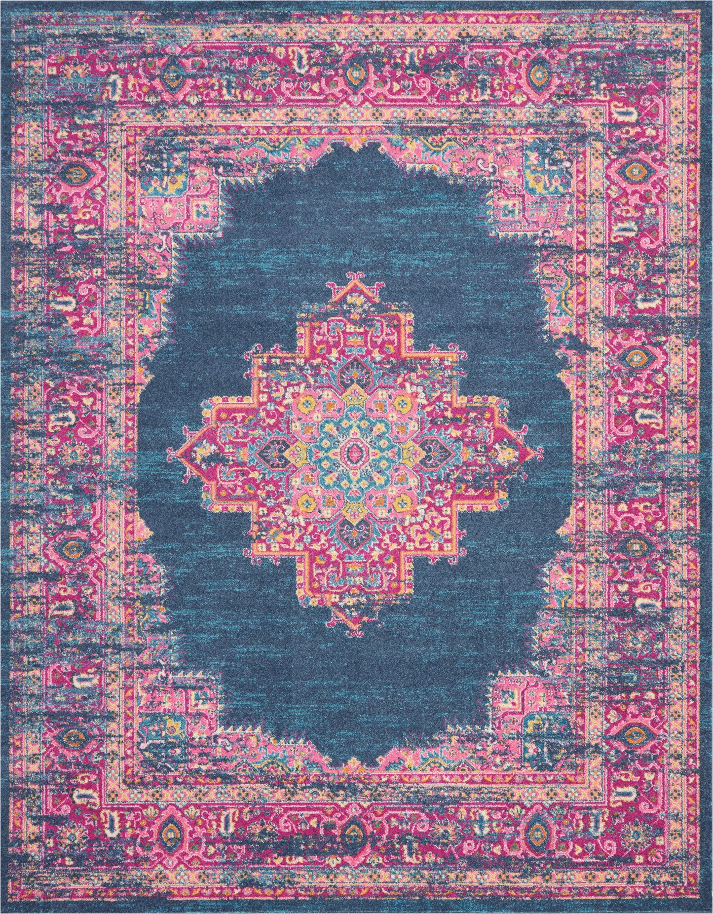 Vibrant oriental rug with teal field and pink central medallion, surrounded by pink, blue & yellow borders.