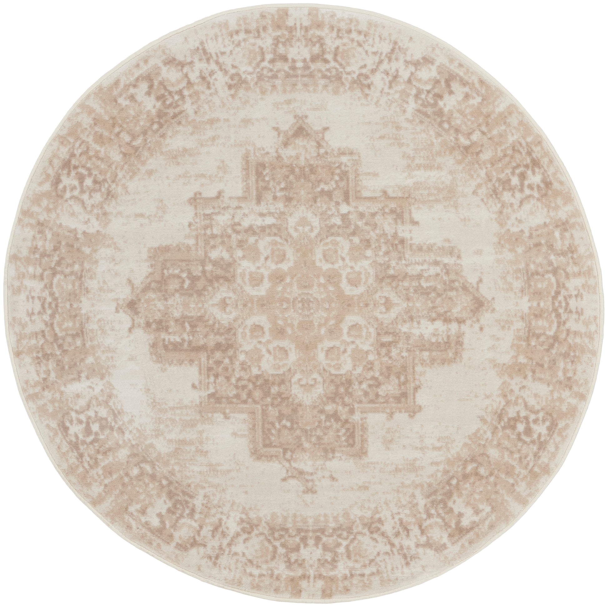 Beige round oriental-style rug with a faded central medallion and distressed edges.