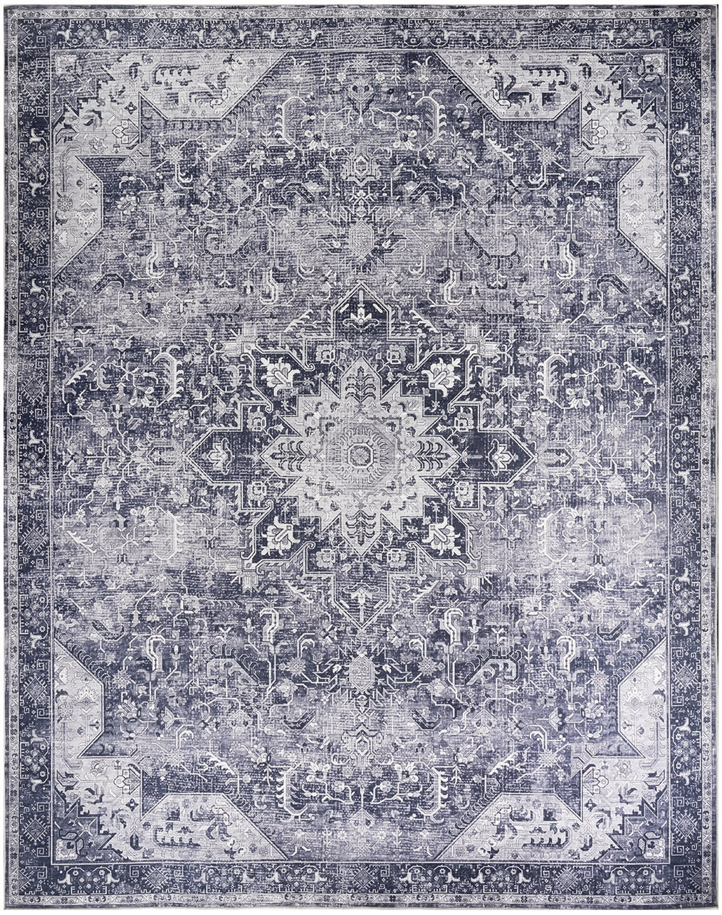 Rectangular distressed blue-gray Persian-style rug with ivory central starburst medallion and ornate border.