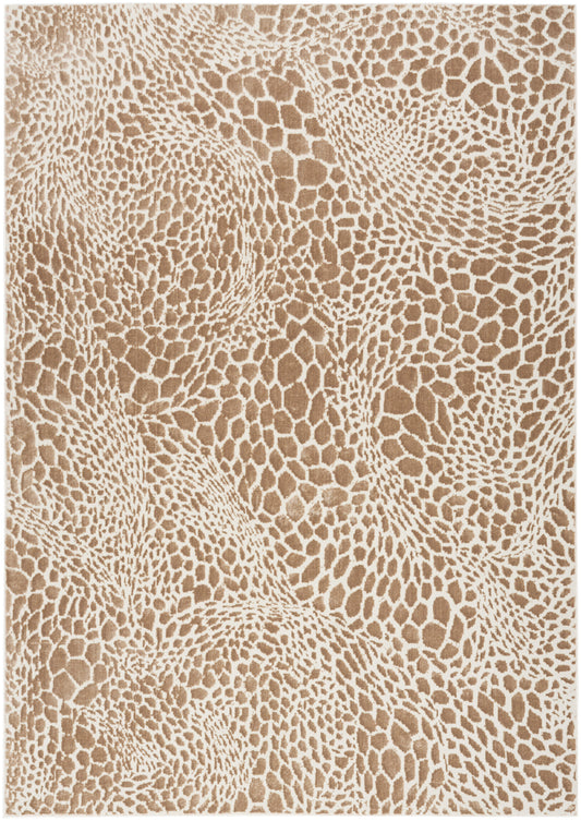 Beige and cream abstract patterned rug with swirling organic shapes; modern flat-weave decor for living spaces.