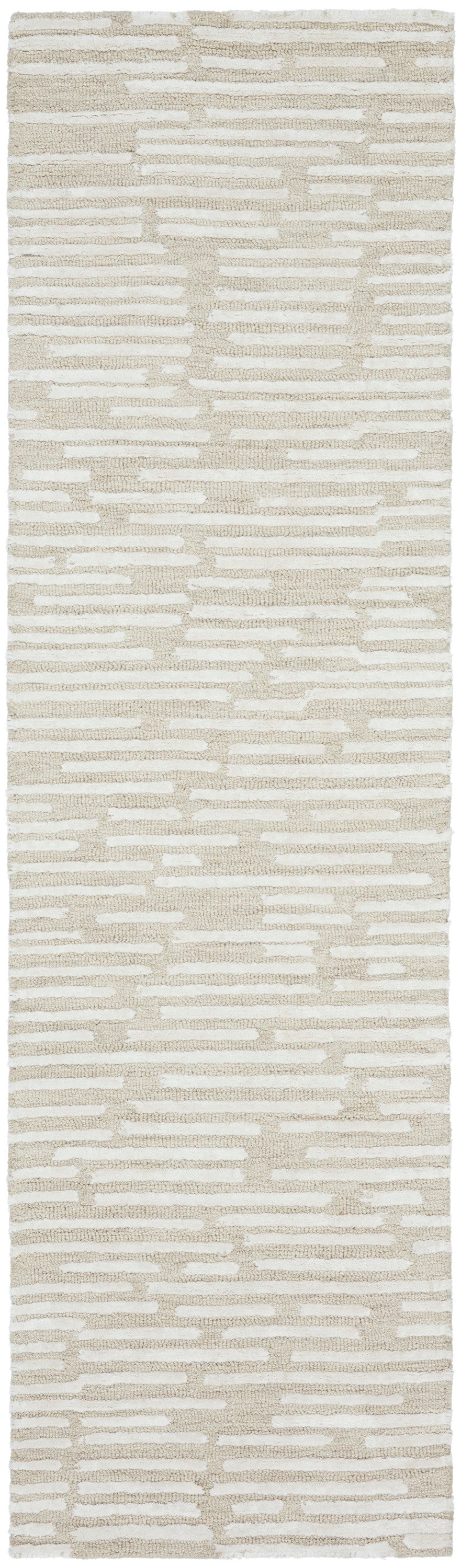 Beige and ivory woven rug runner with a modern horizontal striped geometric pattern; soft textured pile.