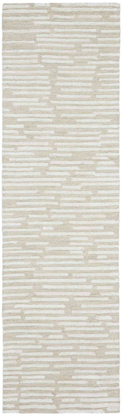 Beige and ivory woven rug runner with a modern horizontal striped geometric pattern; soft textured pile.