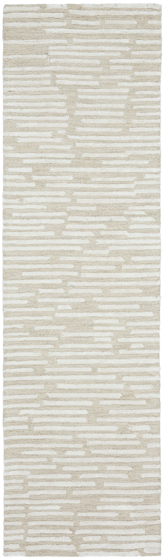 Beige and ivory woven rug runner with a modern horizontal striped geometric pattern; soft textured pile.