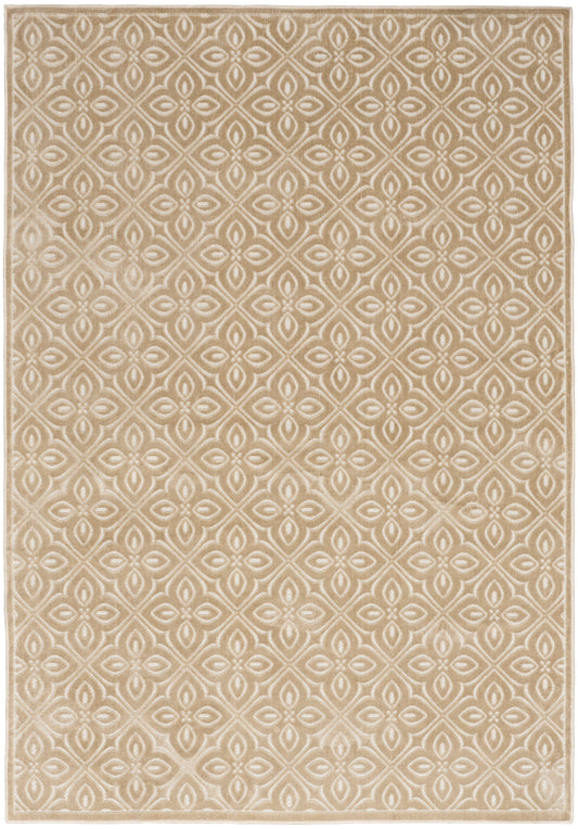 Beige rectangular rug with cream geometric lattice pattern; neutral home decor for living room or bedroom.