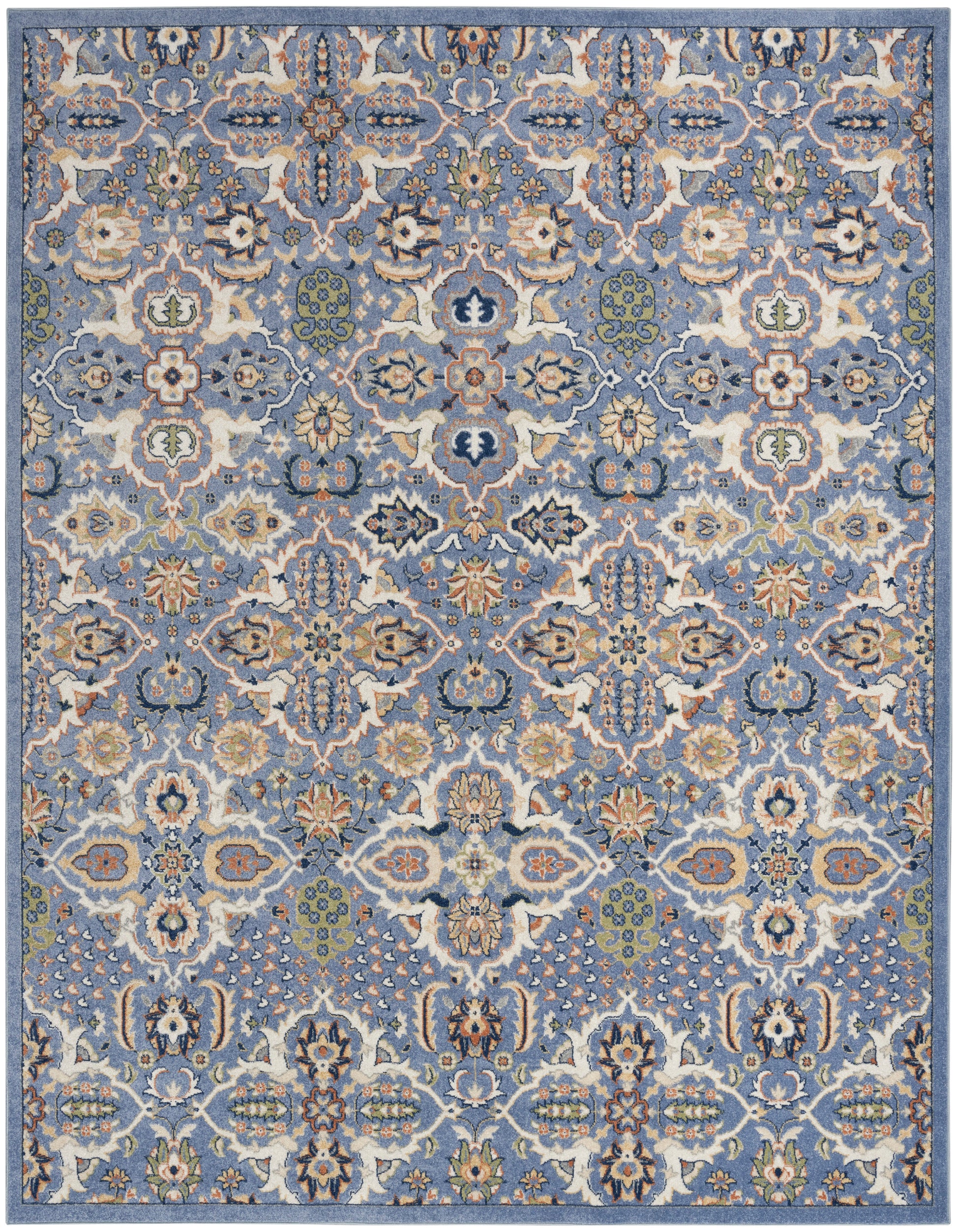 Rectangular blue Persian-style area rug with ivory floral damask pattern, green accents and a blue border.